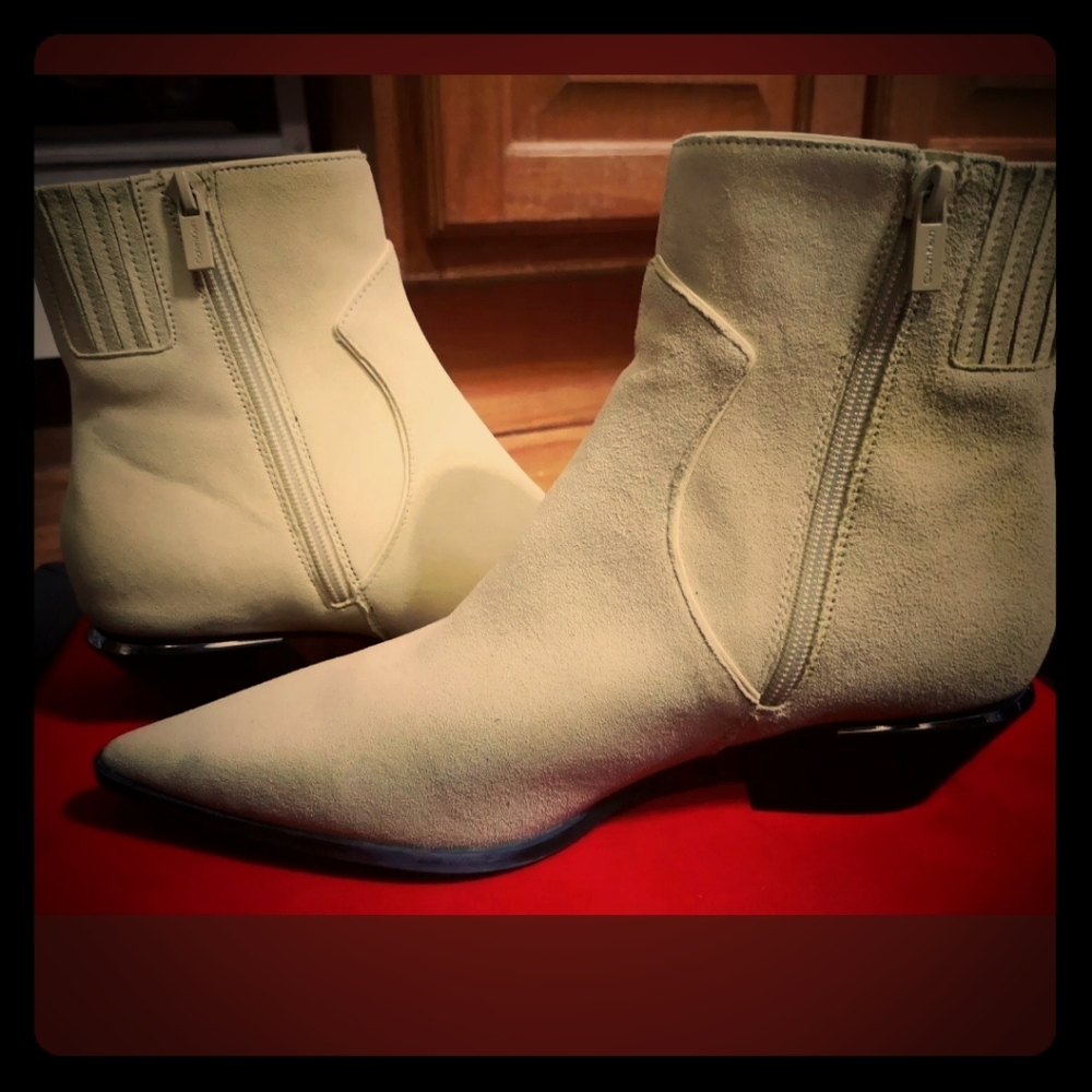 Calvin Klein Pale Yellow Suede Pointed Toe Booties
